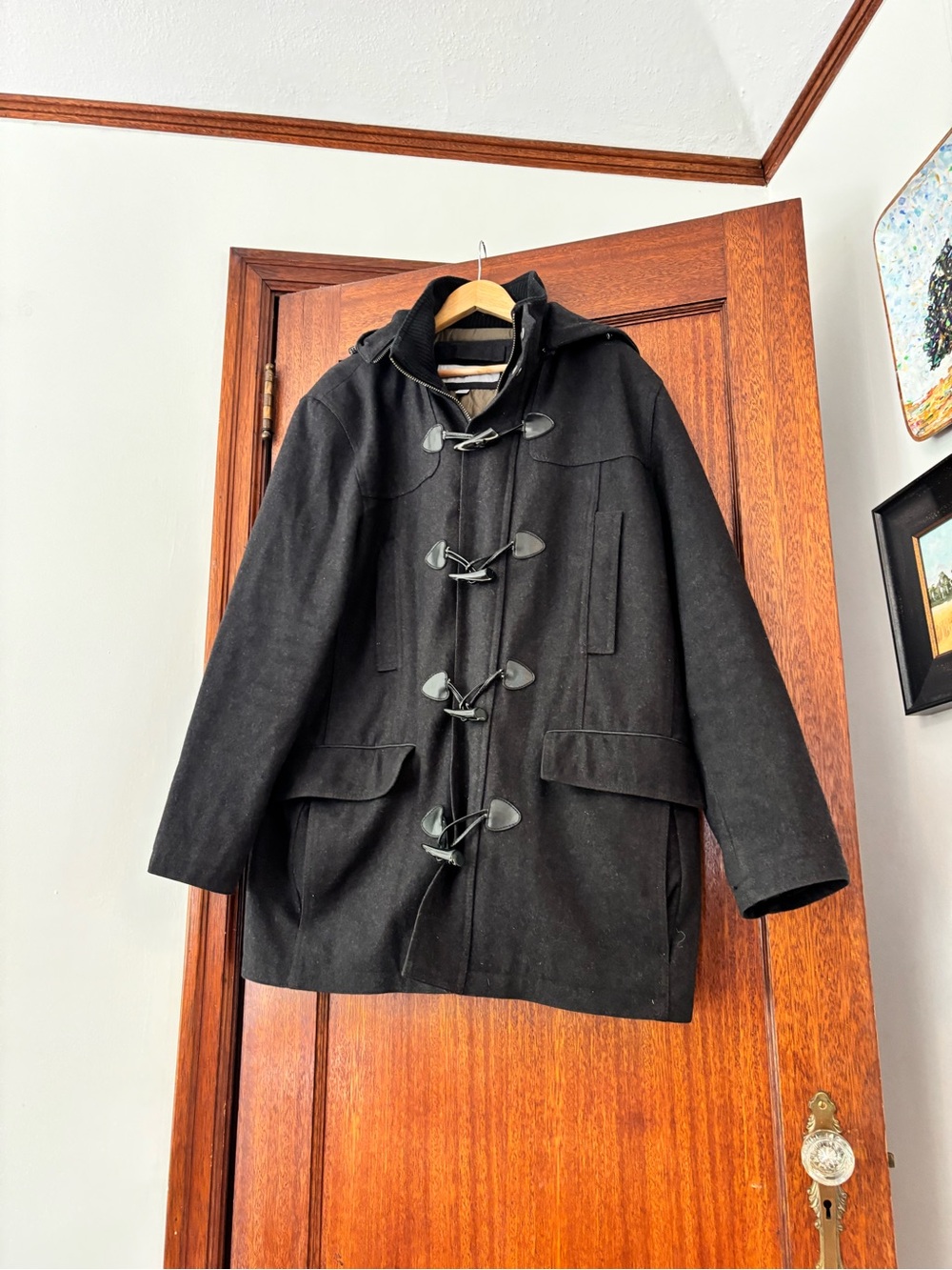 Men's Black Wool Toggle Pea Coat with Hood